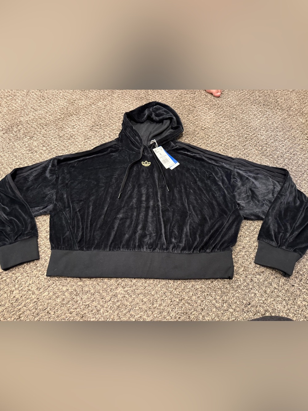 adidas Black Velour Hooded Pullover with Trefoil
